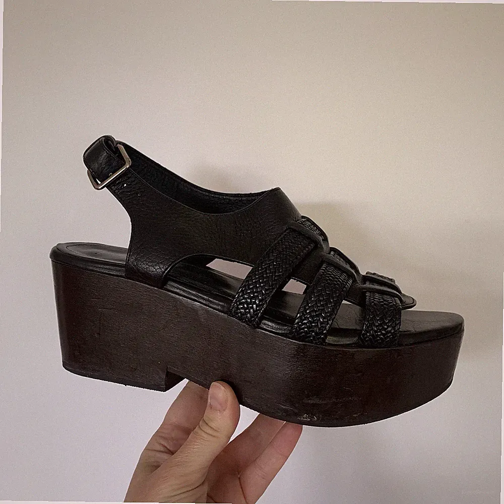 Paruolo Plateau Sandalen Keilabsatz 7 schwarz Leder Damenschuhe Slingback hoch 40