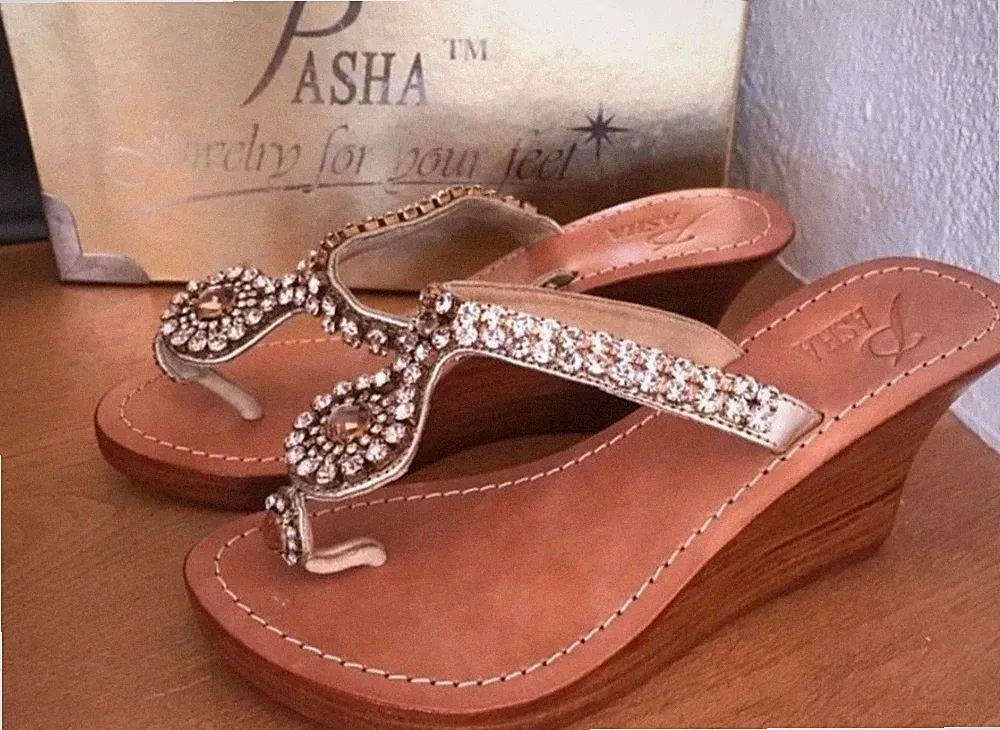 Pasha Damen Zehentrenner Sandalen Wedges Keilabsatz Leder Strass Gold/Beige 39
