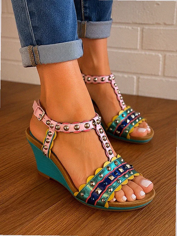Patrizia by Spring Step Multicolor Studded Wedge Sandals | EU 37 | Boho Festival