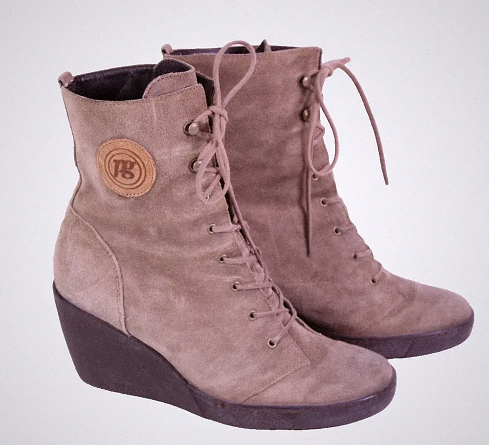 Paul Green Schnürstiefel Boots Leder taupe Gr. 37,5 Wedge Keilabsatz PSH902