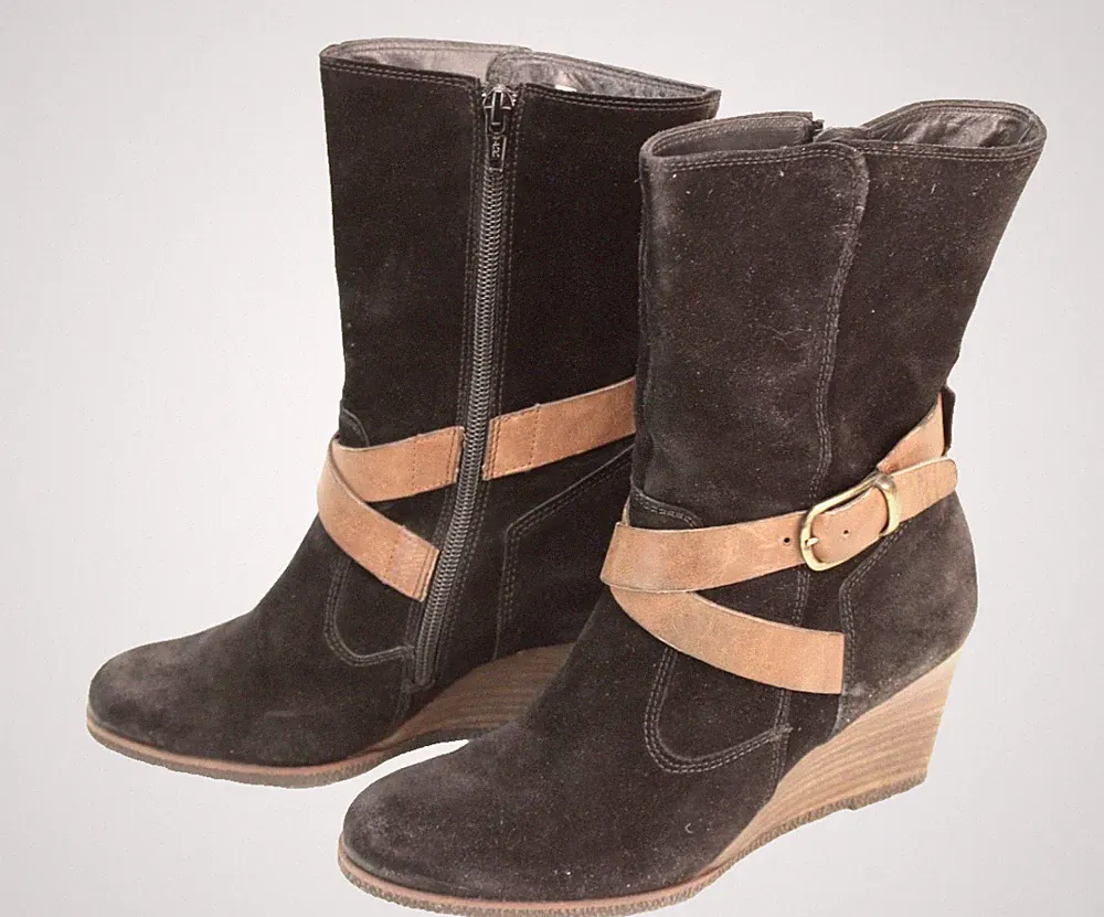 Paul Green Stiefeletten Velours Leder schwarz braun Gr. 36 Keilabsatz Damen FS79