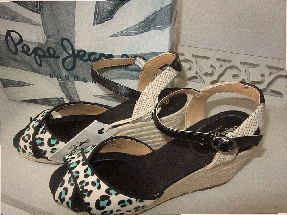 Pepe Damen Jeans Sandalen Keilabsatz Sandaletten Gr.38 Leo schwarz weiß blau