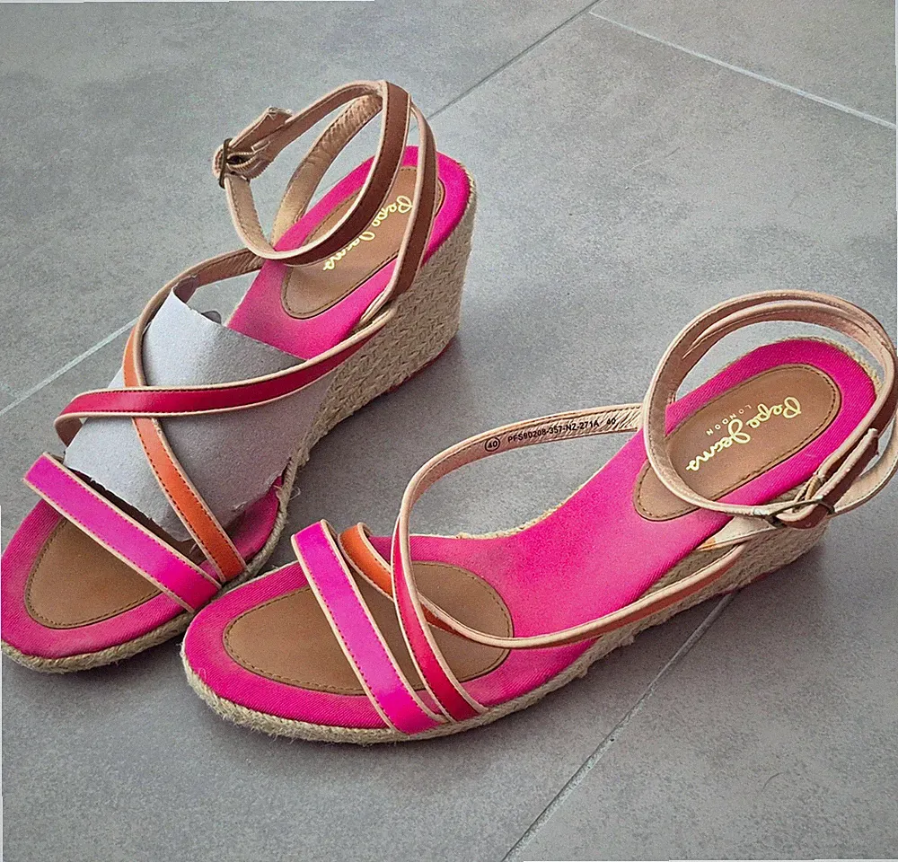 Pepe Jeans Damen Riemchen-Sandalen Keilabsatz Leder Schnalle Rosa/Beige EU40