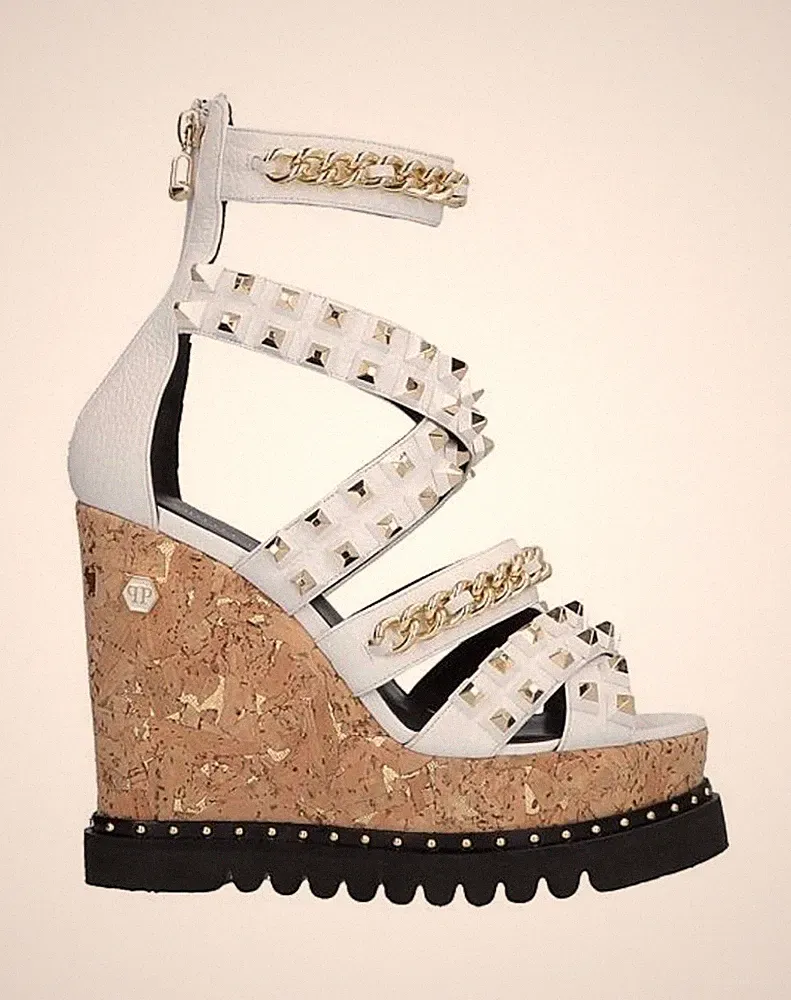 Philipp Plein Damen Sandalen 41 Weiß Leder Keilabsatz Plateau Ketten Nieten