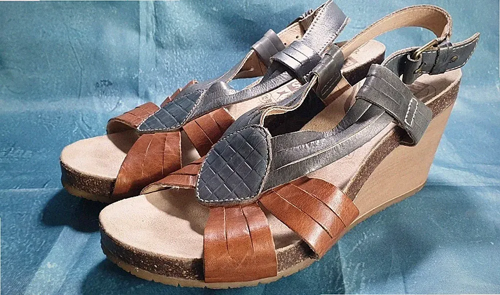 ​Pikolinos Damen Leder Keilabsatz Sandalen Größe UK 6 EU 39 Braun Grau Riemchen Schuhe