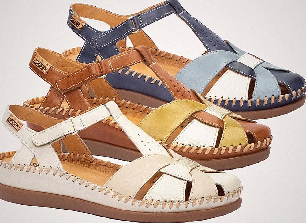 Pikolinos Damen Sandale Leder halboffen mit T-Riemen und Keilabsatz Cadaques W8K