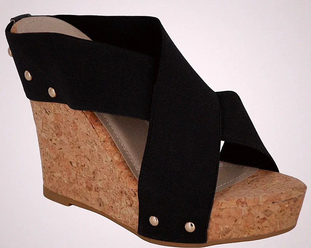 Plateau-Hausschuhe mit Keilabsatz und elastischen Gummibändern aus Kork