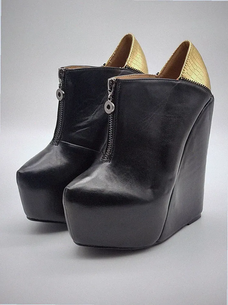 Plateau Hochfrontpumps Keilabsatz Skyheels Gr. 38 Schwarz Gold Neu Ungetragen