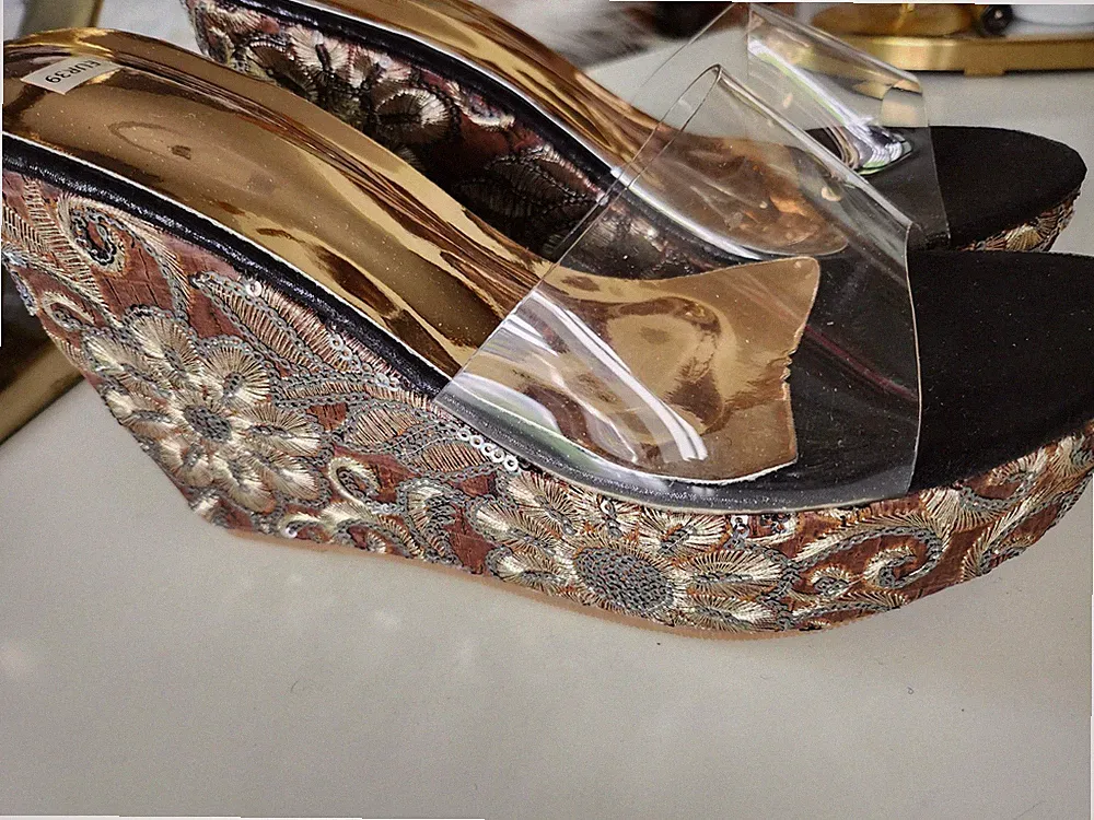 Plateau Sandalen 39 Glitzer Gold Transparent Neu