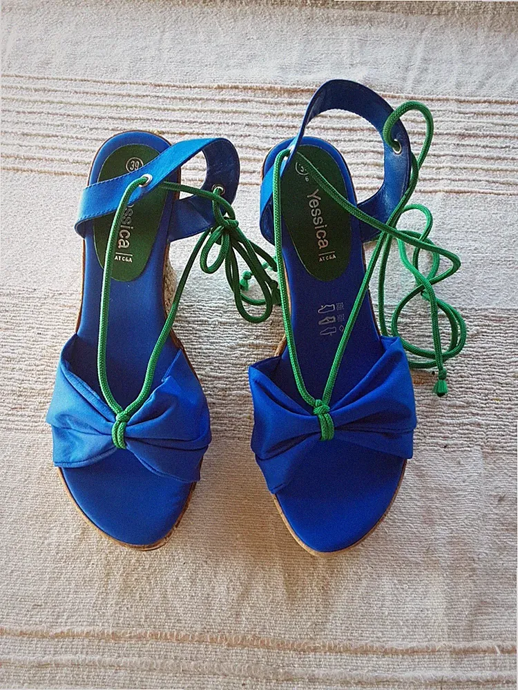 Plateau Sandalen 39 wie neu, Keilabsatz 10.5 cm, blau-grün, Vintage