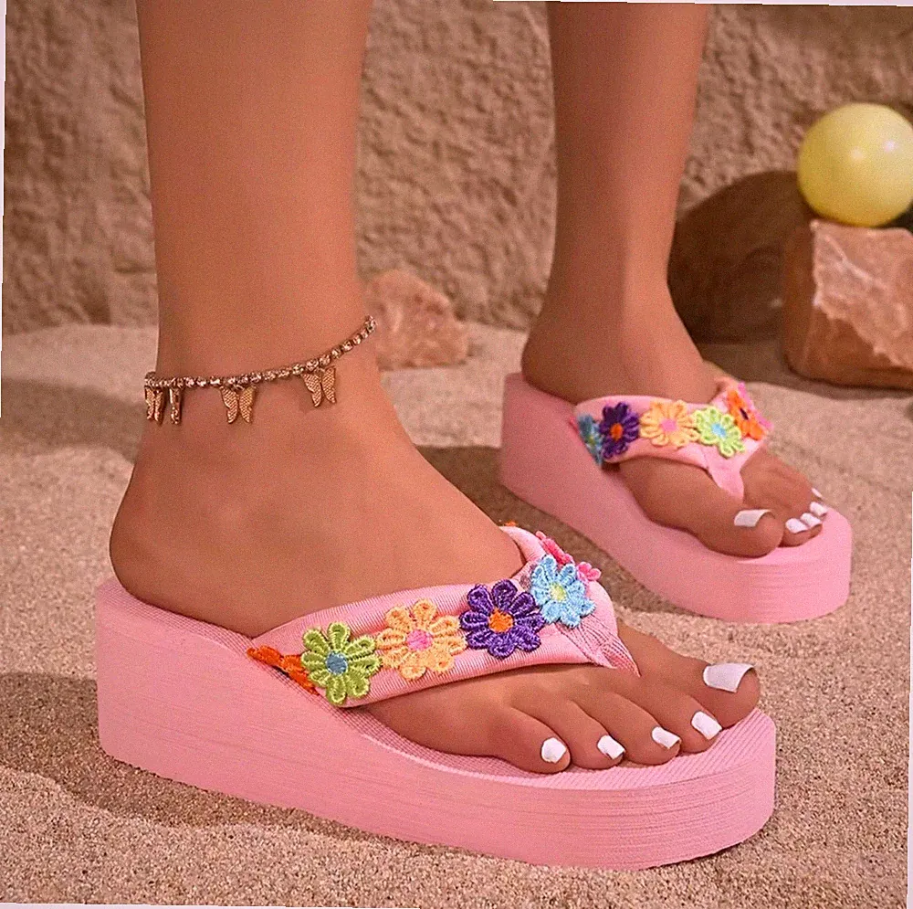 Plateau Sandalen Damen Flip Flops Keilabsatz Blumen Rosa Boho Strand Y2K Sommer
