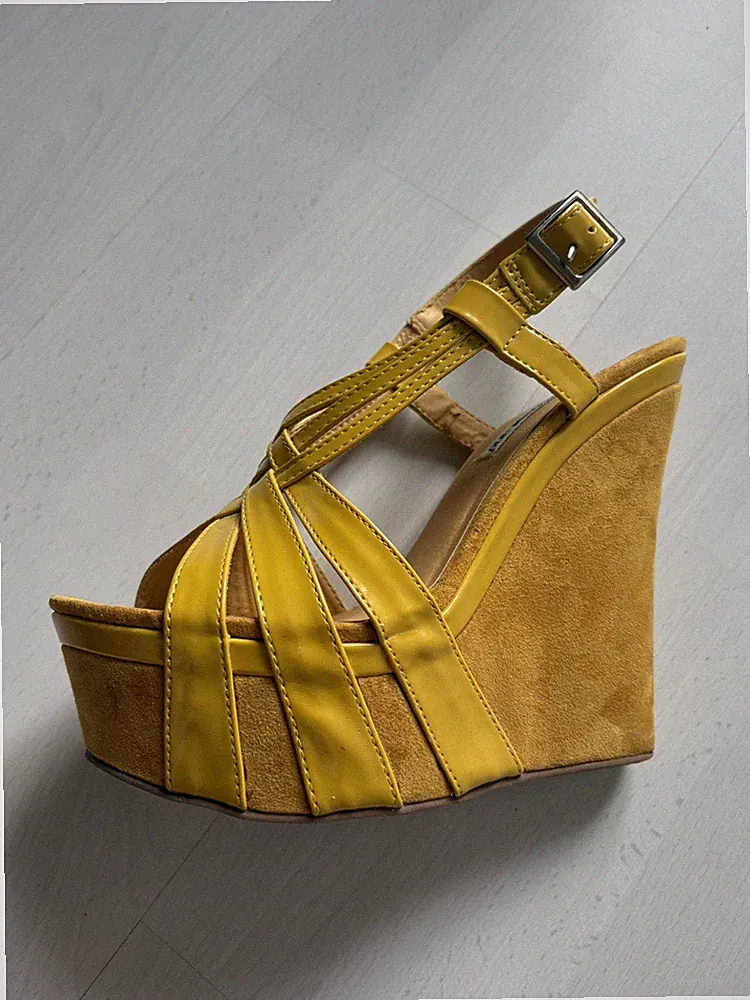 Plateau Sandalen Damen Gr. 39 Gelb Keilabsatz Wedges Schuhe Wildleder Optik