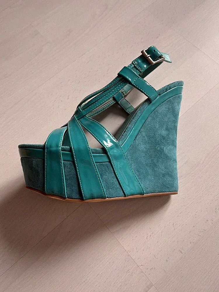 Plateau Sandalen Damen Gr. 39 Türkis Keilabsatz Wedges Schuhe Wildleder Optik