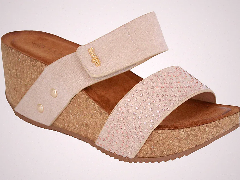 Plateau-SANDALEN für Damen mit Keilabsatz BEIGE DAMEN-SOMMERSCHUHE ZIRKONIA