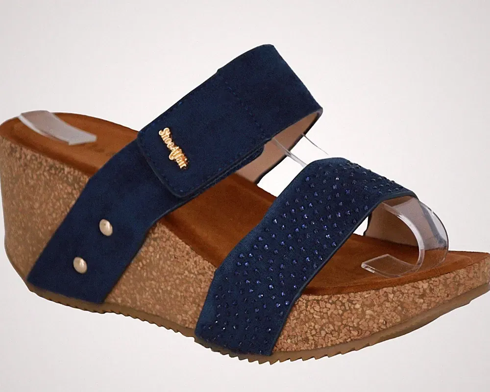 Plateau-SANDALEN für Damen mit Keilabsatz BLAUE DAMEN-SOMMERSCHUHE ZIRKONIA