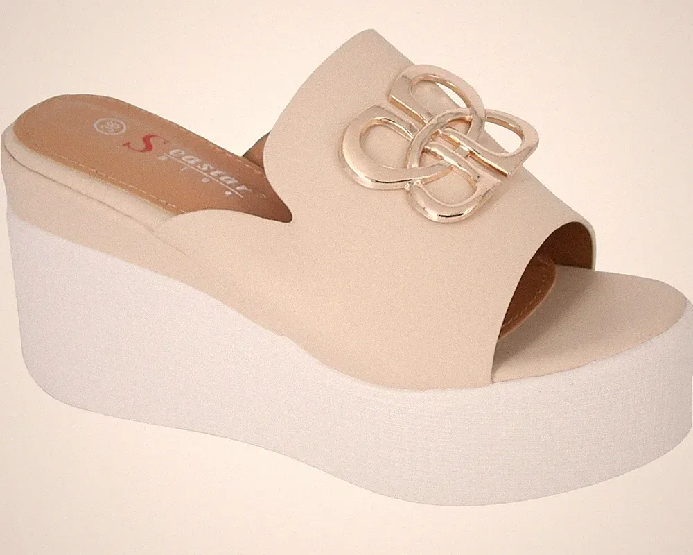 Plateau-Slipper Keilabsatz beigefarbenes Leder Sommerschuhe für Damen