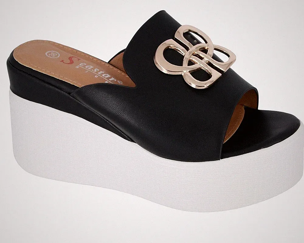 Plateau Slippers Keilabsatz Sommerschuhe für Damen aus schwarzem Leder