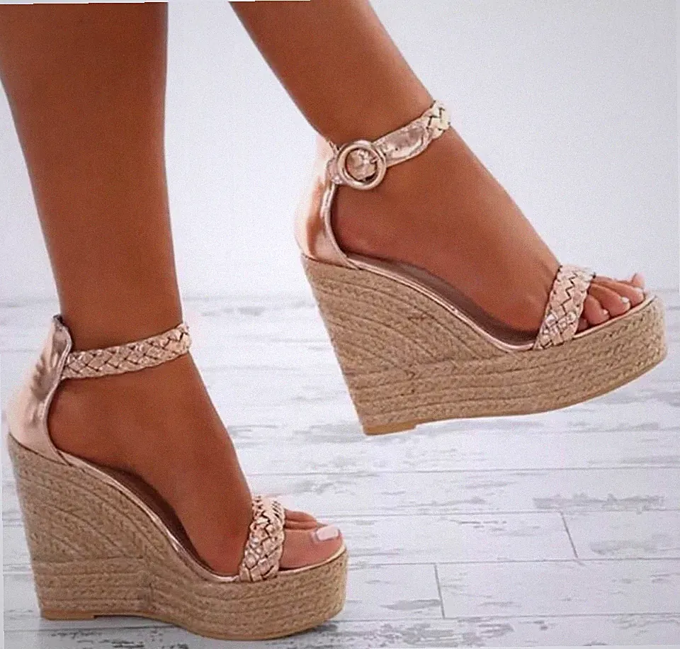 Plateau Wedges Pumps Keilabsatz Sandalen Pantoletten 36 gold beige Sandaletten