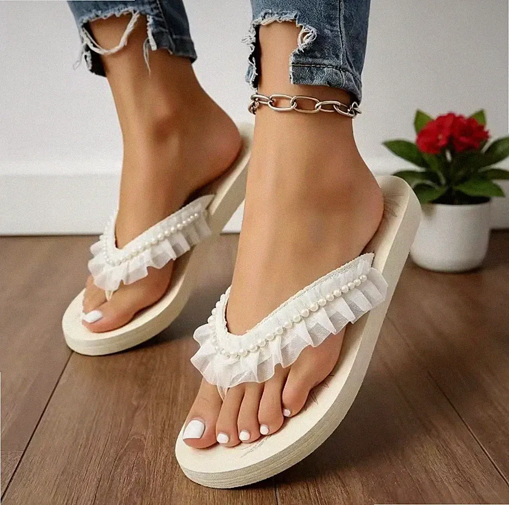 Plattform Flip Flops Damen Zehentrenner Weiß Perlen Rüschen Sommer Sandalen Boho