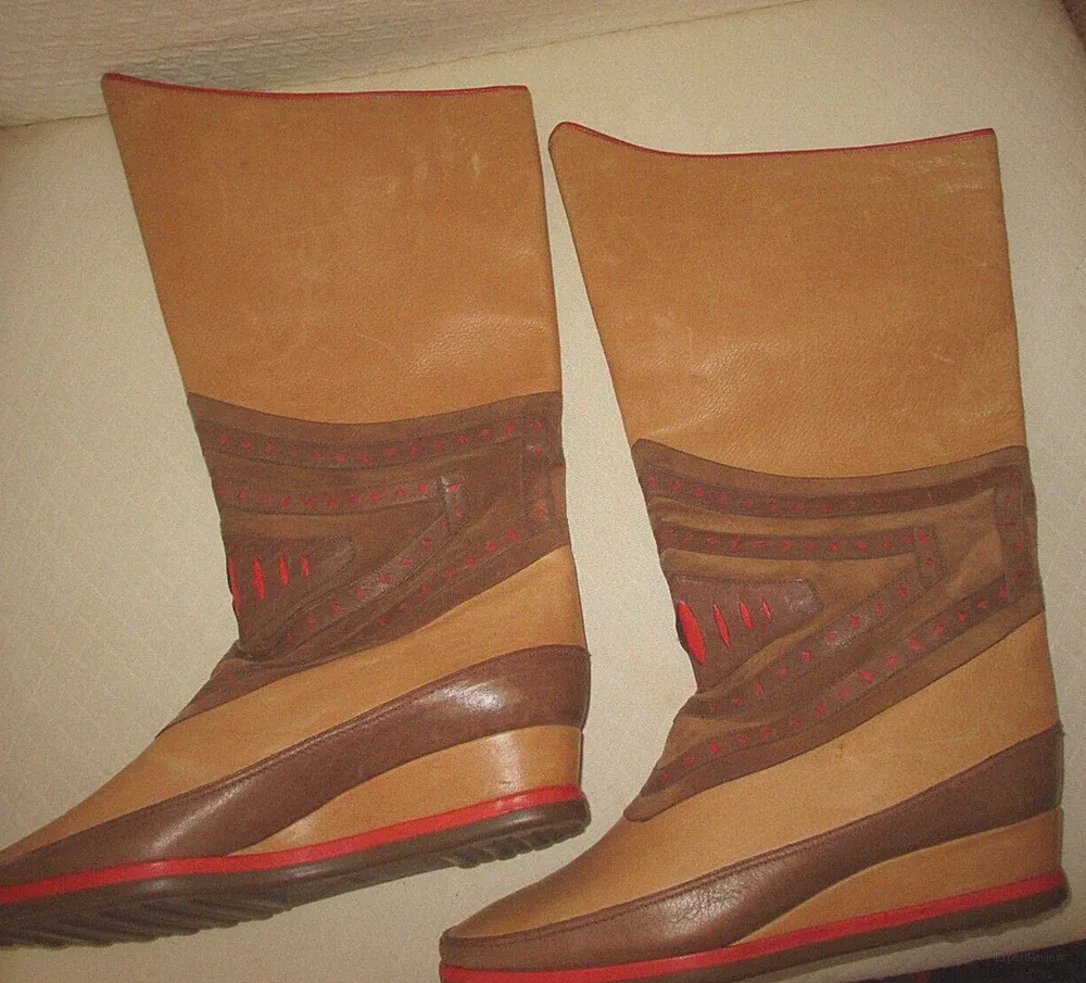 POLLINI Schaftstiefel Leder beige/braun/rot, 37, schmal, Keilabsatz, vintage