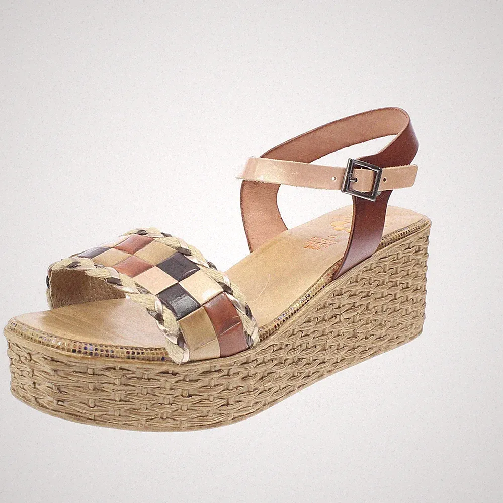 Porronet Leder Sandalen mit Keilabsatz und braunem Riemchen - Damen Schuhe Sandalen