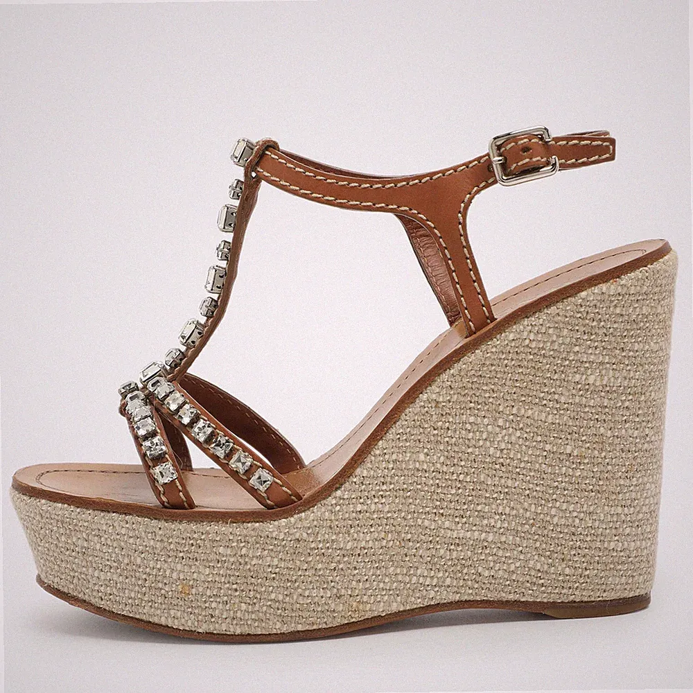 Prada Braun Leder Kristall Verziert T Riemen Keilabsatz Slingback Sandalen Gr...