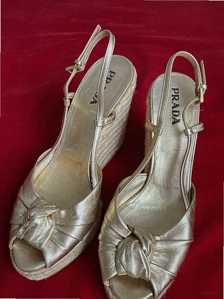 PRADA Damen Leder Slingback Sandalen Gold/Beige Schleife Keilabsatz EU 37,5