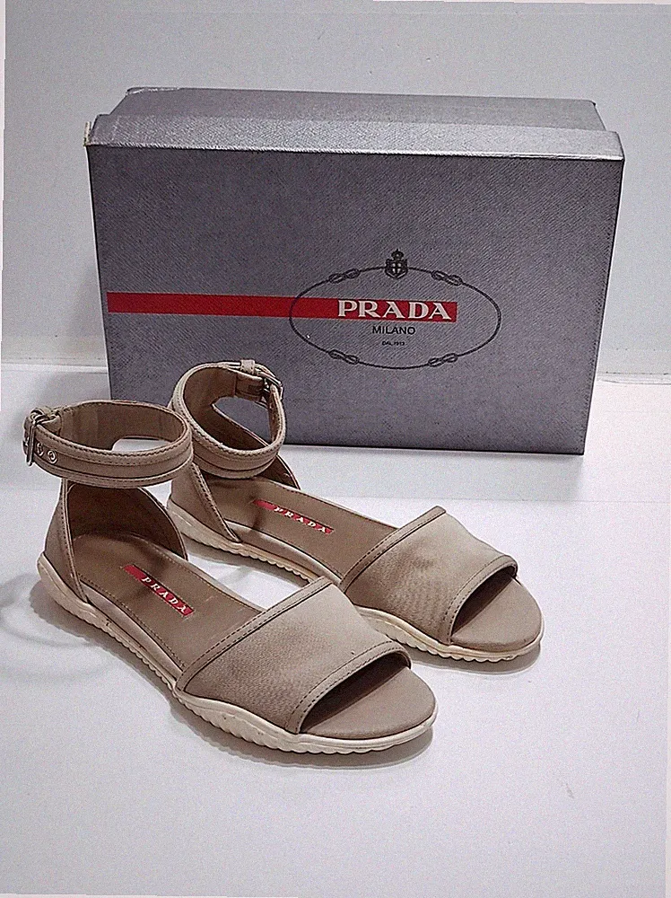 Prada Damen Schuhe 3X5861 EU 36 Low Sandalen Stoff Gabardinen Khaki Gebraucht