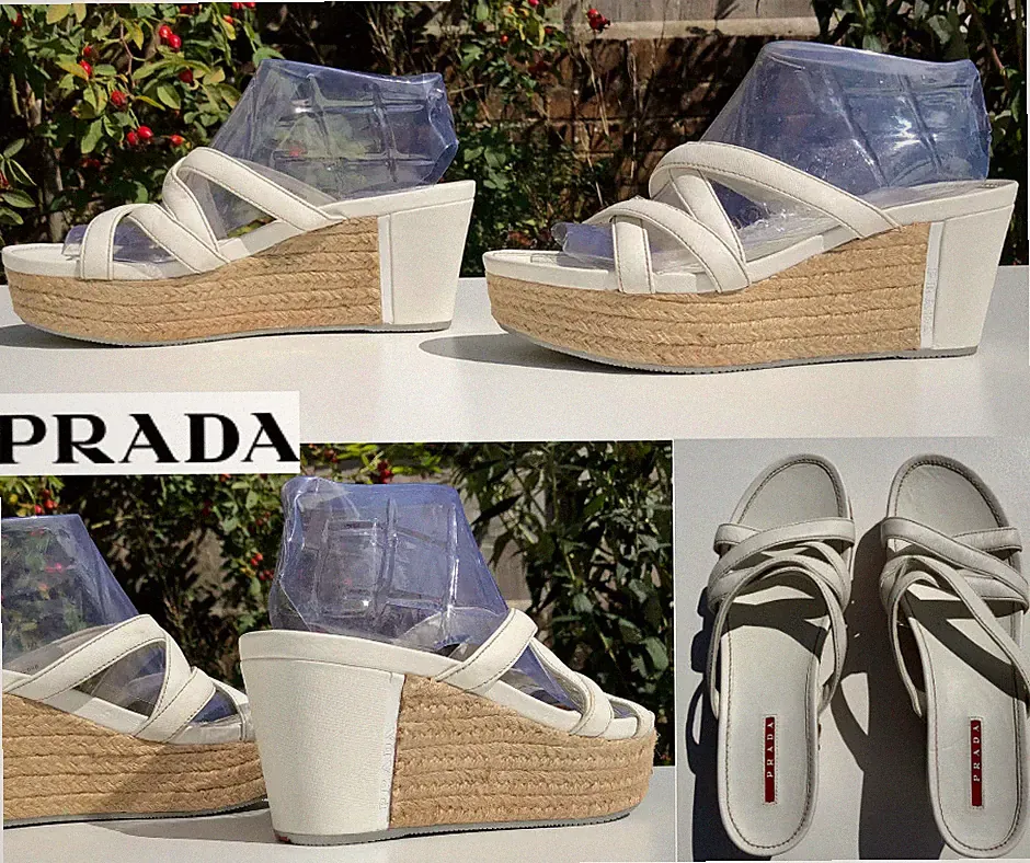 PRADA Keilsandaletten weiß, 100% Leder, JUTE Plateau (EU 41) UK 8 sehr guter Zustand atemberaubend