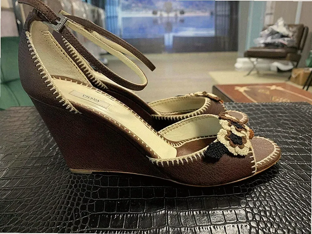 PRADA WEDGE CROCHET LEDER SANDALS SANDALEN PUMPS HEELS SCHUHE SHOES MULES 40.5