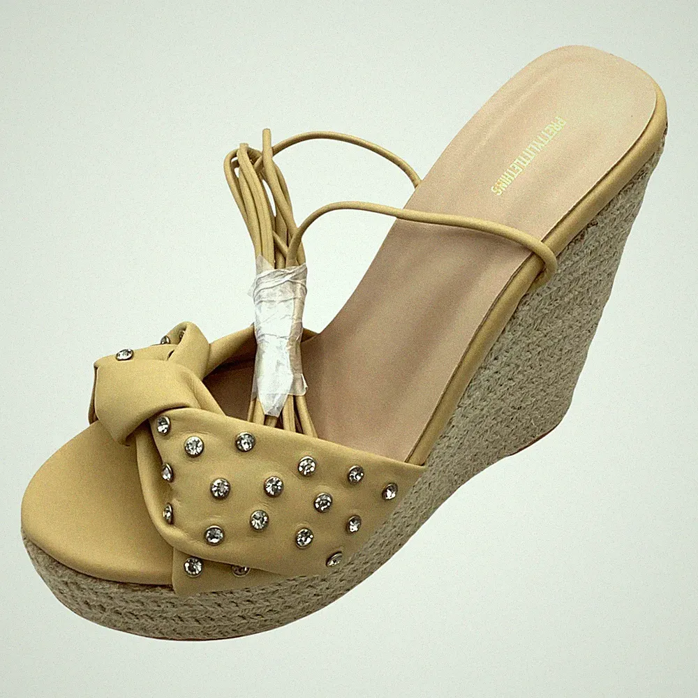 PrettyLittleThing Damen-Espadrille-Sandalen UK 6 beige PU Keilabsatz Knoten zum Binden