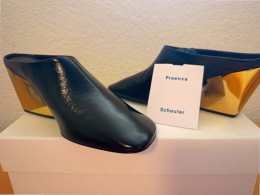 Proenza Schouler Damen Slipper Mules Leder Schwarz/Gold Keilabsatz EU 39