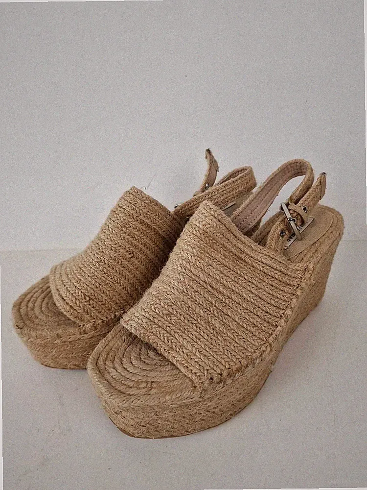 Pull & Bear Plateau Espadrille Keilabsatz Sandalen UK 4 Natur