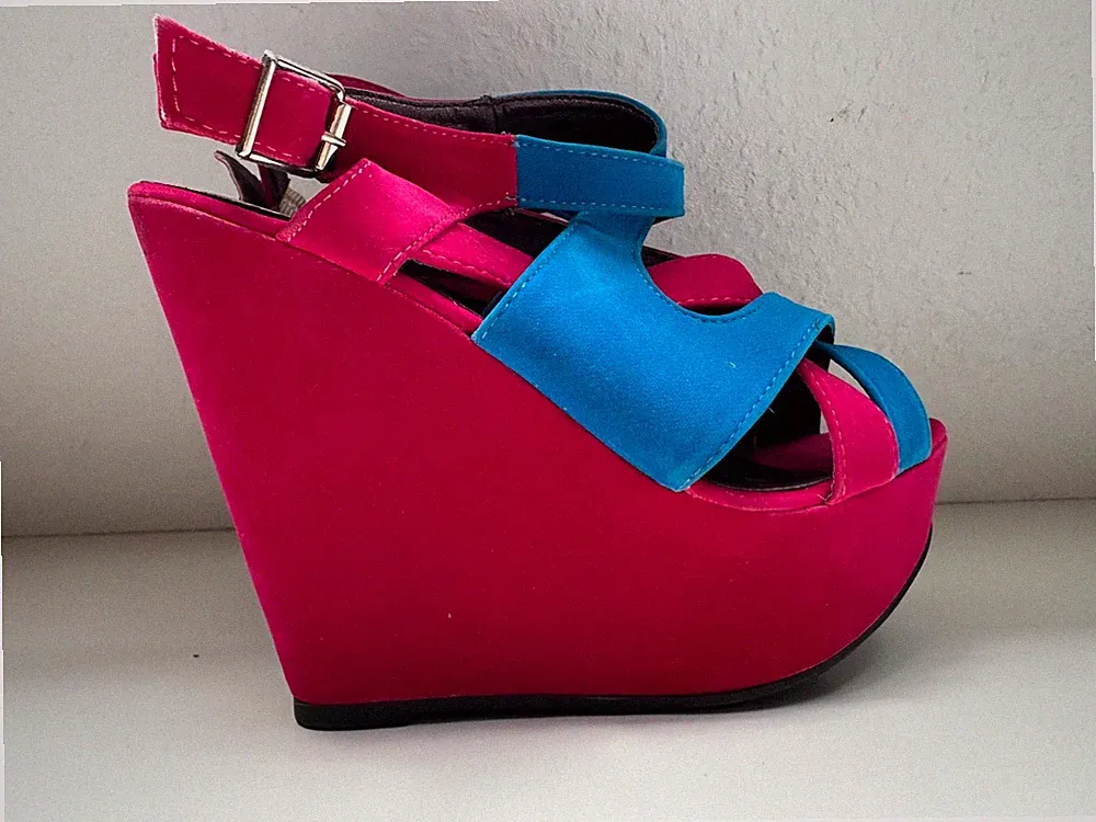Pumps Damen Schuhe Keilabsatz Wedge Plateau Riemchen Pink Rosa Blau Neu