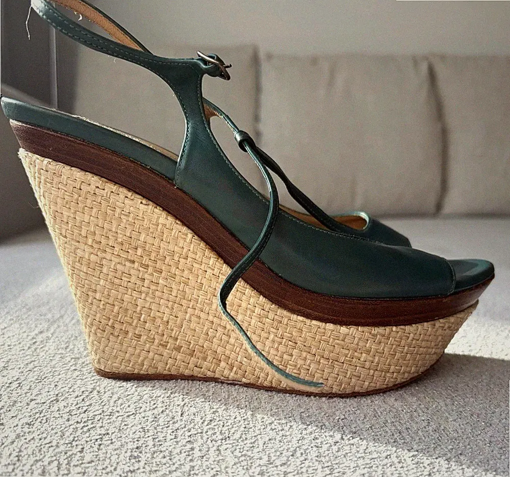 Pura López Sandalen Gr. 39 Leder Petrol Keilabsatz Espadrille Sommer