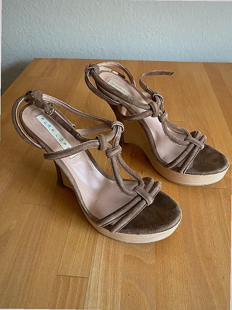 Pura Lopez, High Heels, Wedges, Keilabsatz, braun, Holz/ Leder, Gr. 40, getragen