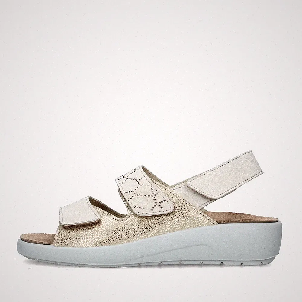 Q60239 MELLUSO DAMEN SANDALE BEQUEM MIT BEIGE ECHT LEDER RISSE KEILABSATZ BEQUEM P