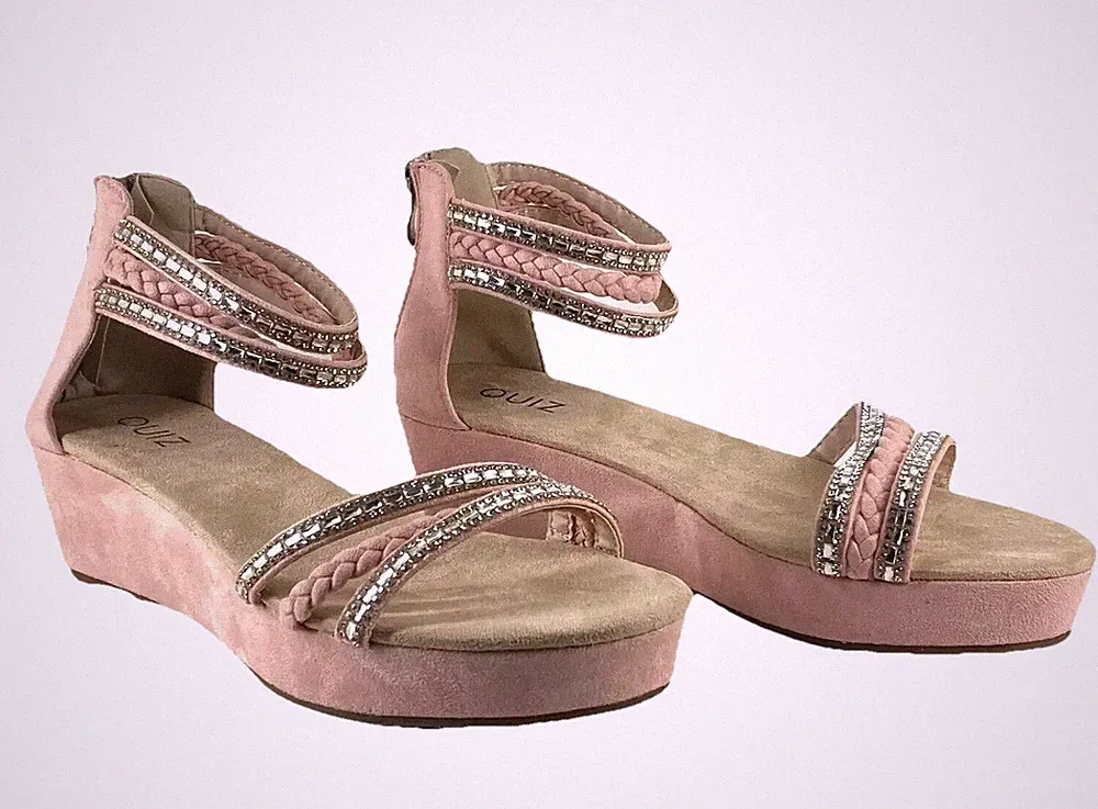 Quiz Damen-Riemchensandalen UK 5 EU 38 hellrosa Wildlederimitat Keilabsatz Plateau