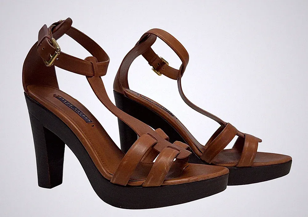 Ralph Lauren Damen-Sandalen braun Leder T-Riemen Plateau klobiger Absatz Gr. UK6,5