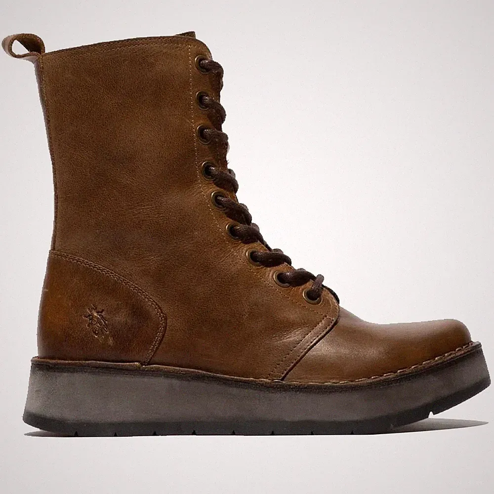 RAMI043FLY - Damen Stiefeletten Keilabsatz Schnürung Leder