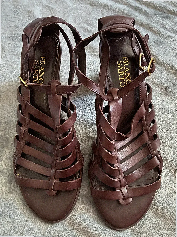 Rare 1990s VTG Franco Sarto Brown Multi Strap Gladiator Stacked Heel Size 7-7.5