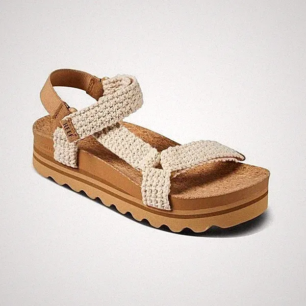 REEF DAMEN CUSHION REM HI SANDALEN. GEHÄKELT WEISS PLATEAU KEILABSATZ KORK SCHUHE S25.