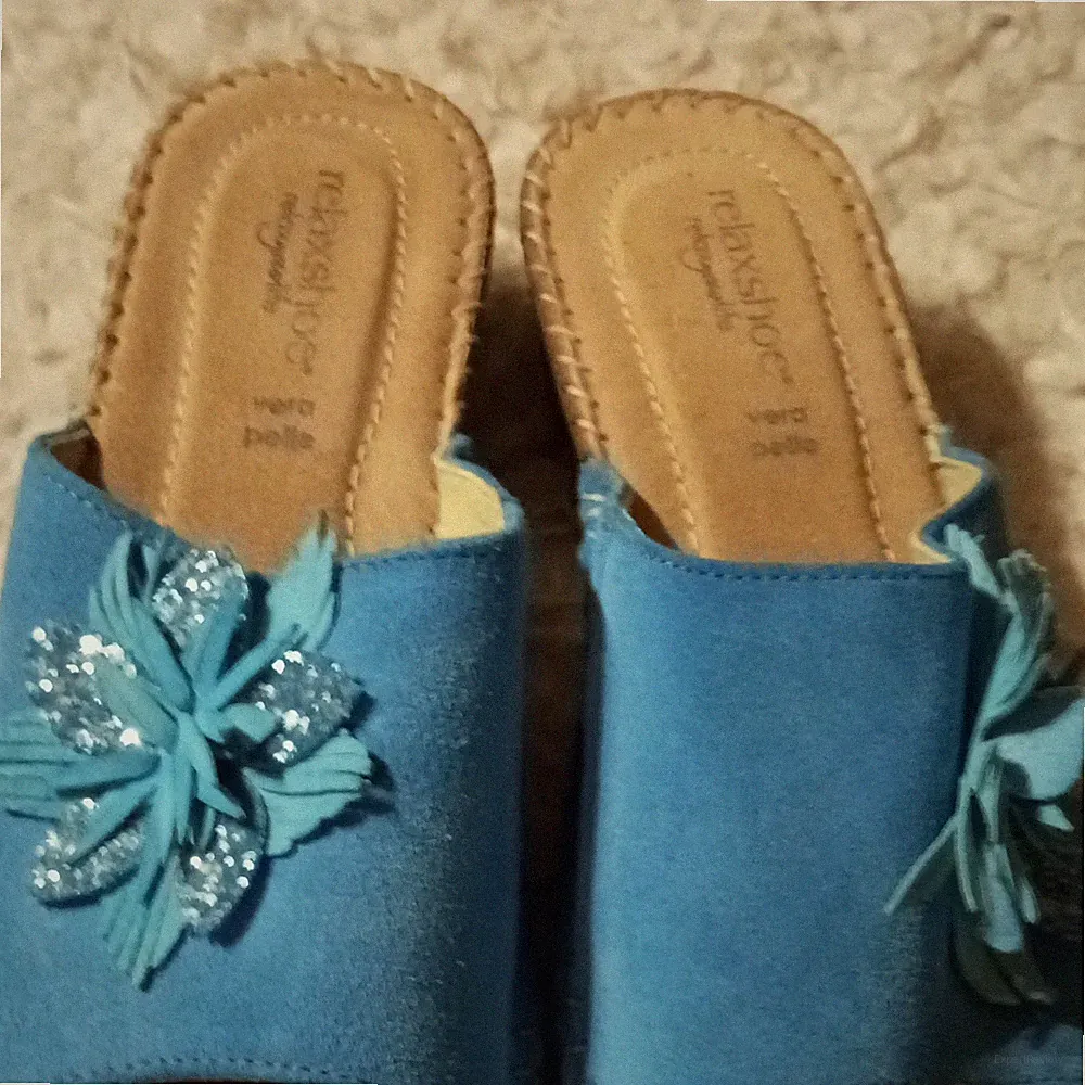 relaxshoe Damen Pantoletten Sandalen Blau Wildleder Keilabsatz Blume EU 36