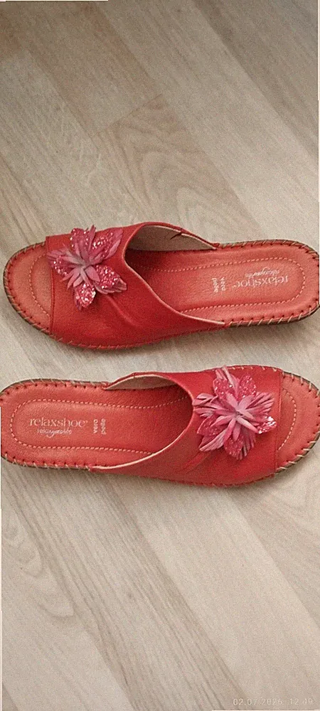 Relaxshoe Damen Sandalen Mules Rot Glitzer Blume Leder Keilabsatz EU 40