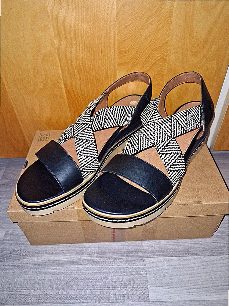 Remonte Damen Sandalen Keilabsatz Zickzack Schwarz/Beige EU 44