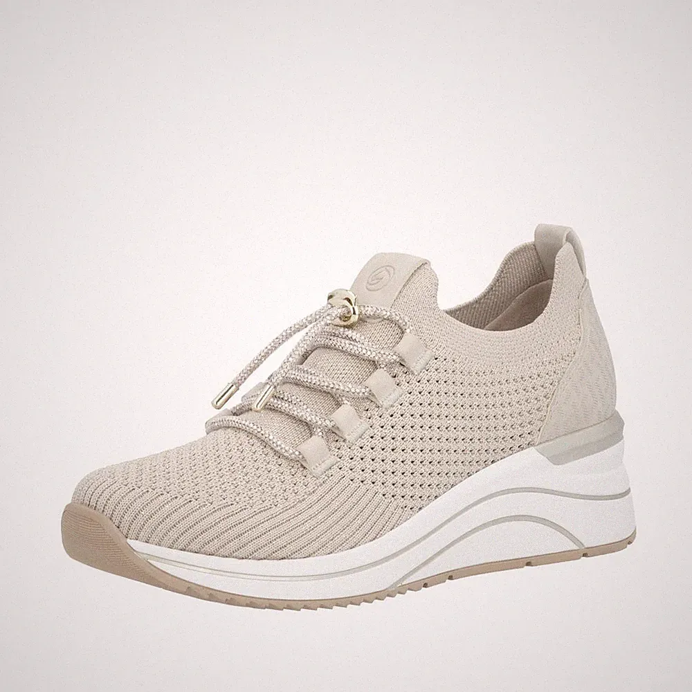 REMONTE Damen Sneaker beige D0T18-60 Gummisenkel Slipper Keilabsatz 50 mm
