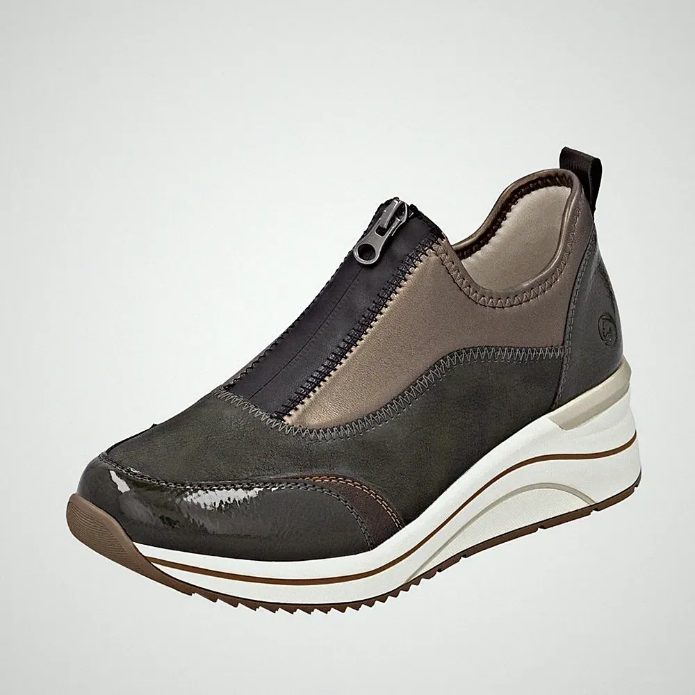 REMONTE Damen Sneaker grün gold D0T08-54 Frontreißverschluss vegan Keilabsatz