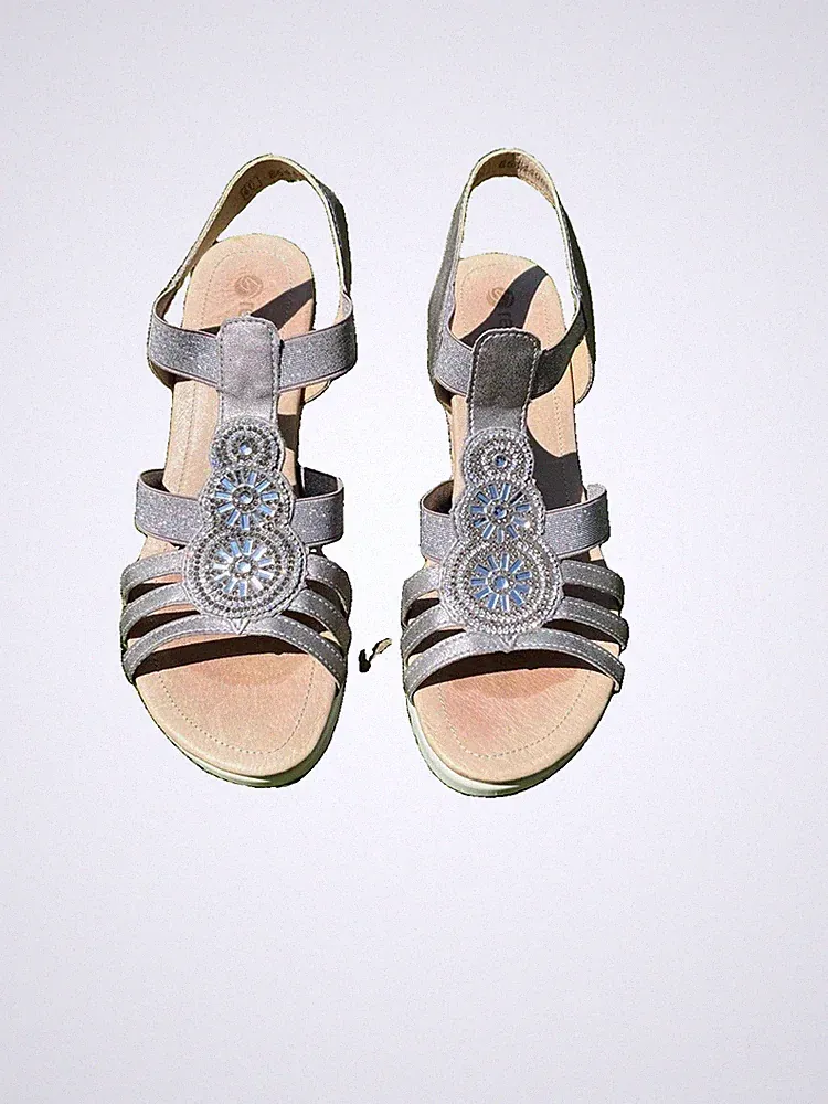Remonte Soft Sandalen mit Strass-Applikation Grau Silber Größe 40 Top Zustand