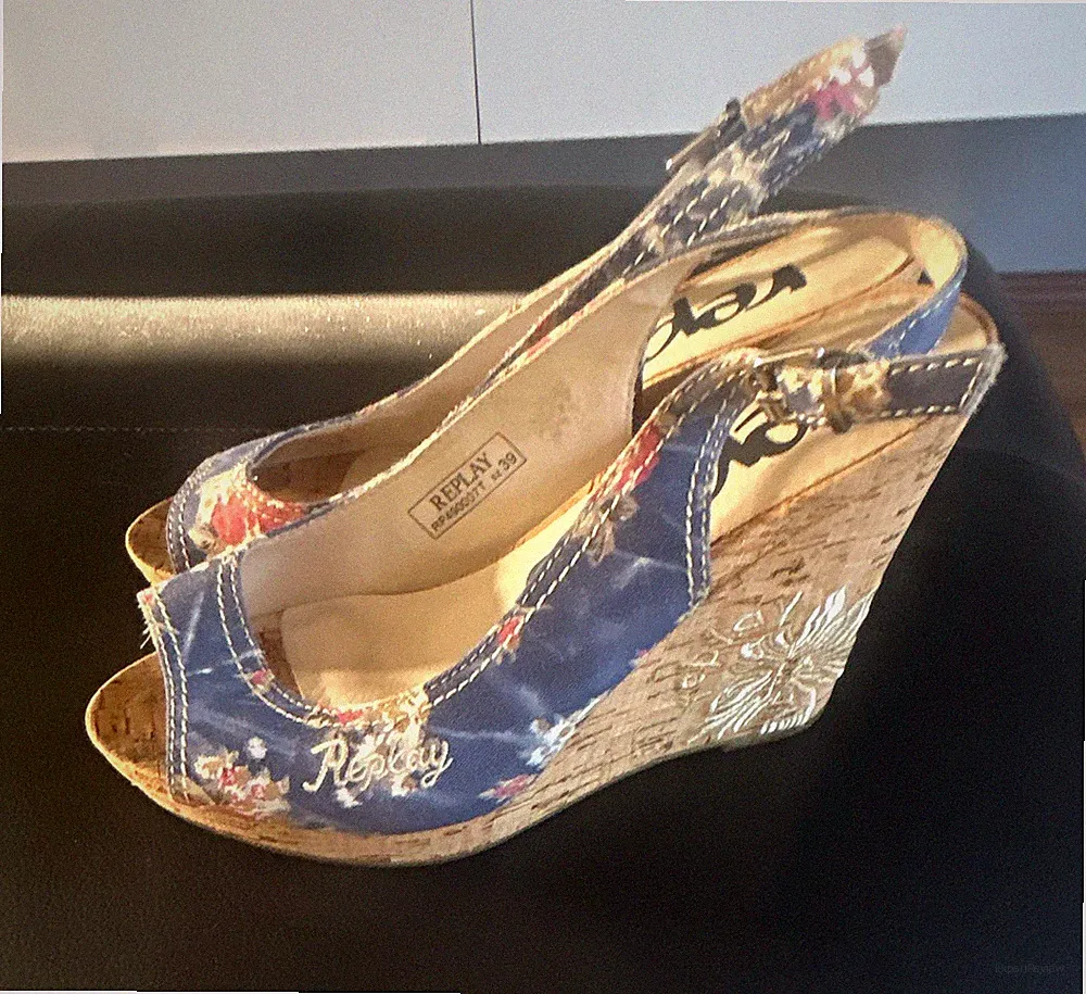 Replay Damen Sandalen Keilabsatz hoch EU 39 blau Blumen Schnalle