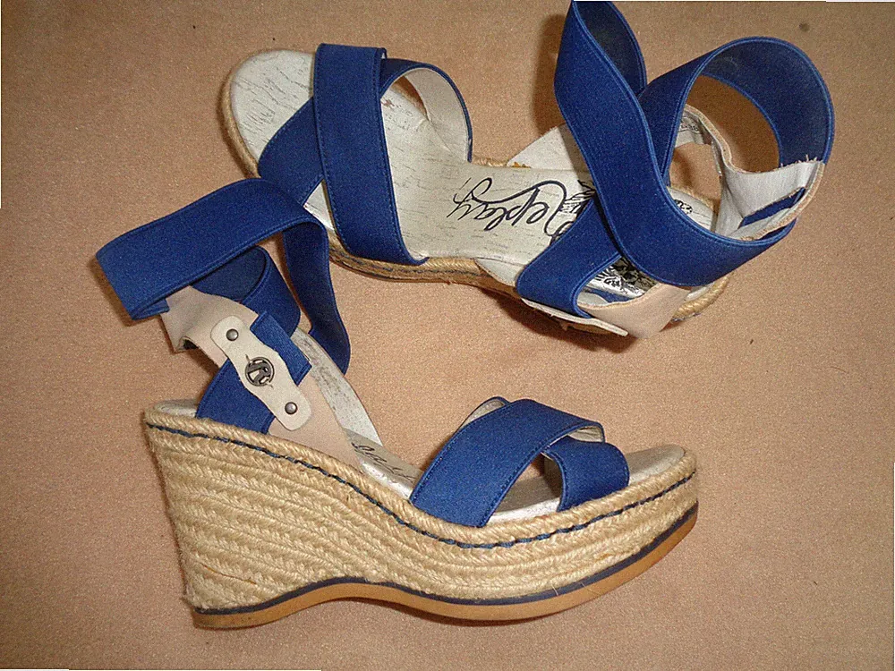 Replay Damen Sandaletten Gr. 38 Wedges Espadrilles Keilabsatz beige dunkelblau